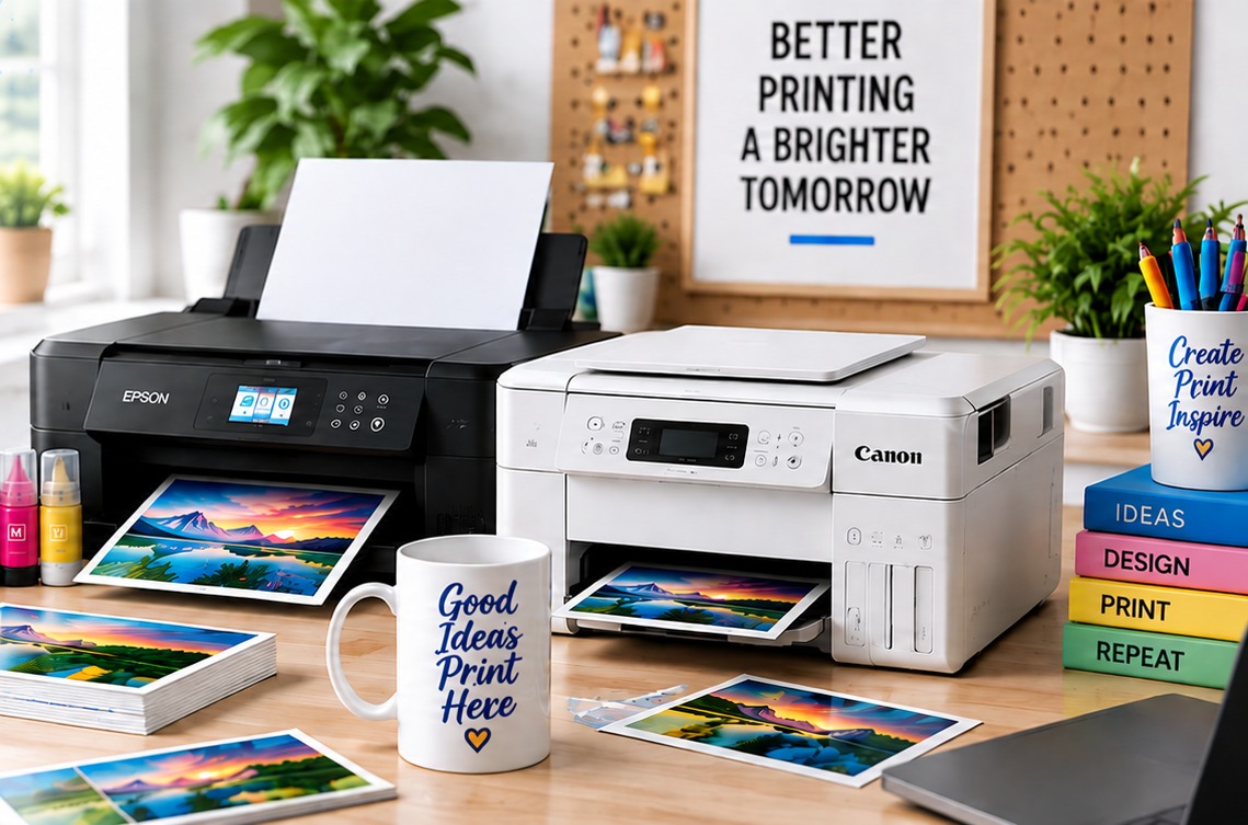 Sublimation printer, ink bottles, and printed photos on a creative workspace desk